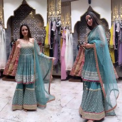 Auspicious color stitched party wear sharara suit